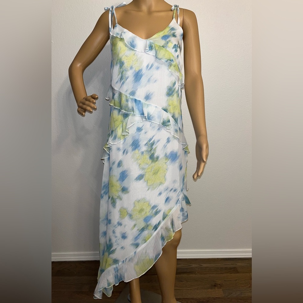 Steve Madden White Floral Ruffle Slip Dress with Blue & Yellow Print